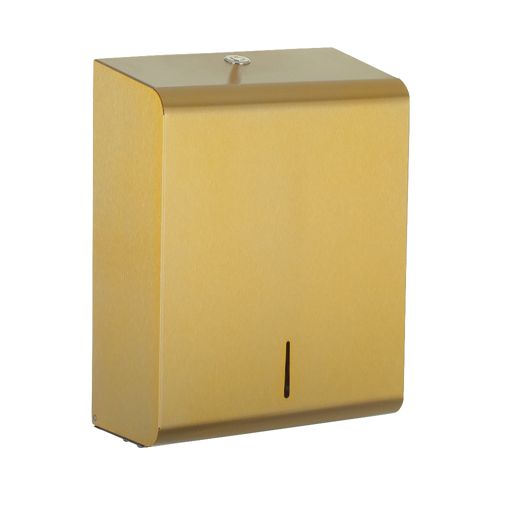 Billede af Opal papirdispenser i guld finish. Billedet viser guld effekten og viser papirdispenseren fra fronten/siden.