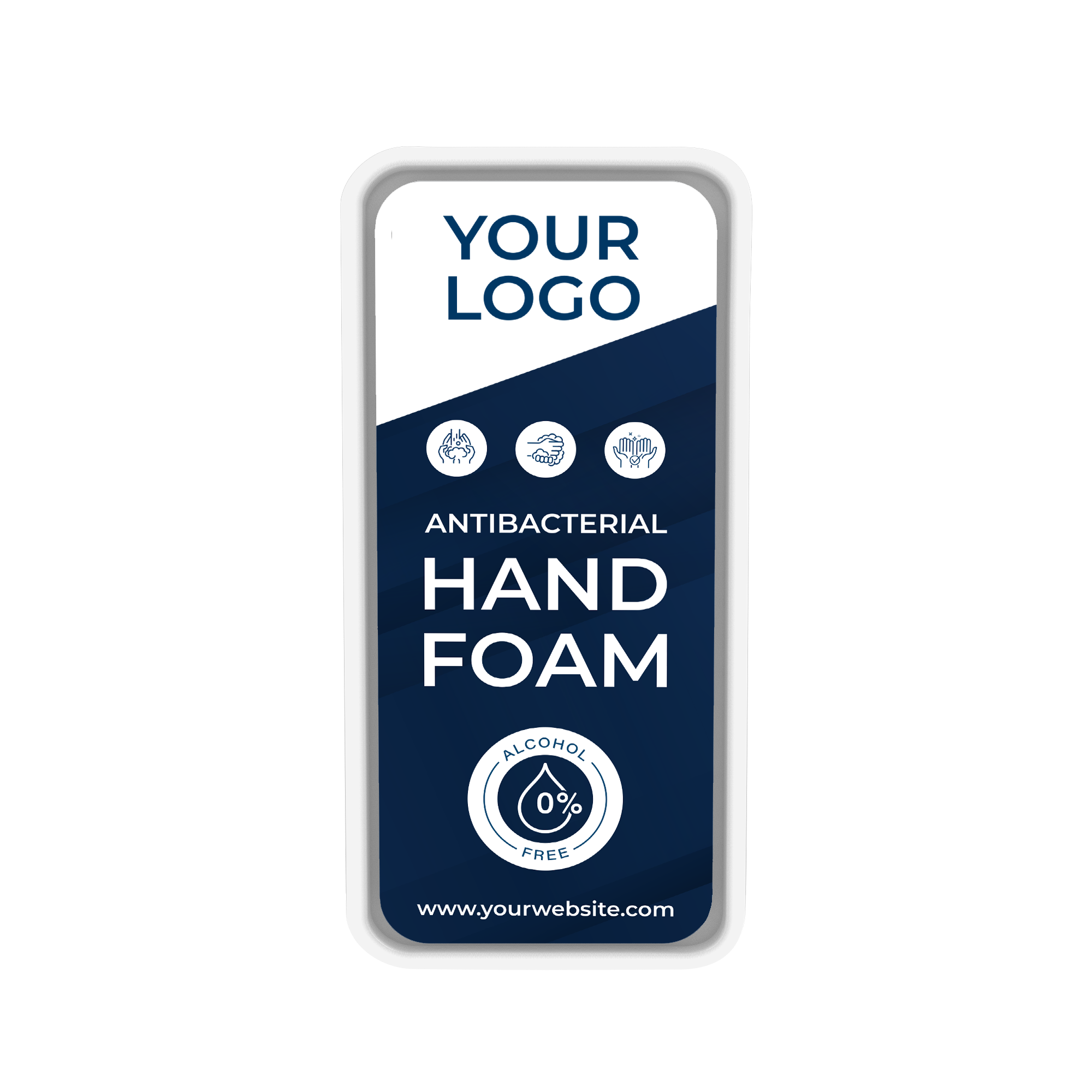 Billedet viser en sanify dispenser i blå og hvid, hvor der på fronten står "your logo", da kunden kan få den med eget print på fronten. Billedet er taget af fronten.