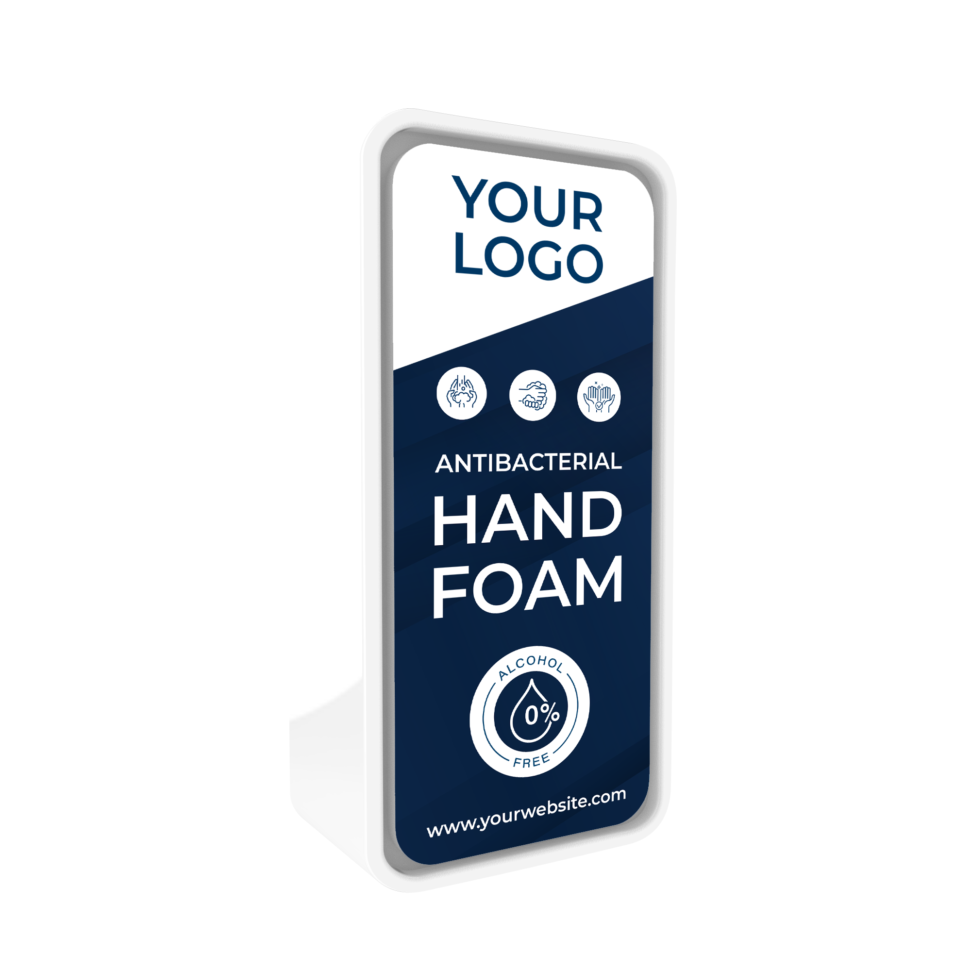 Billedet viser en sanify dispenser i blå og hvid, hvor der på fronten står "your logo", da kunden kan få den med eget print på fronten.