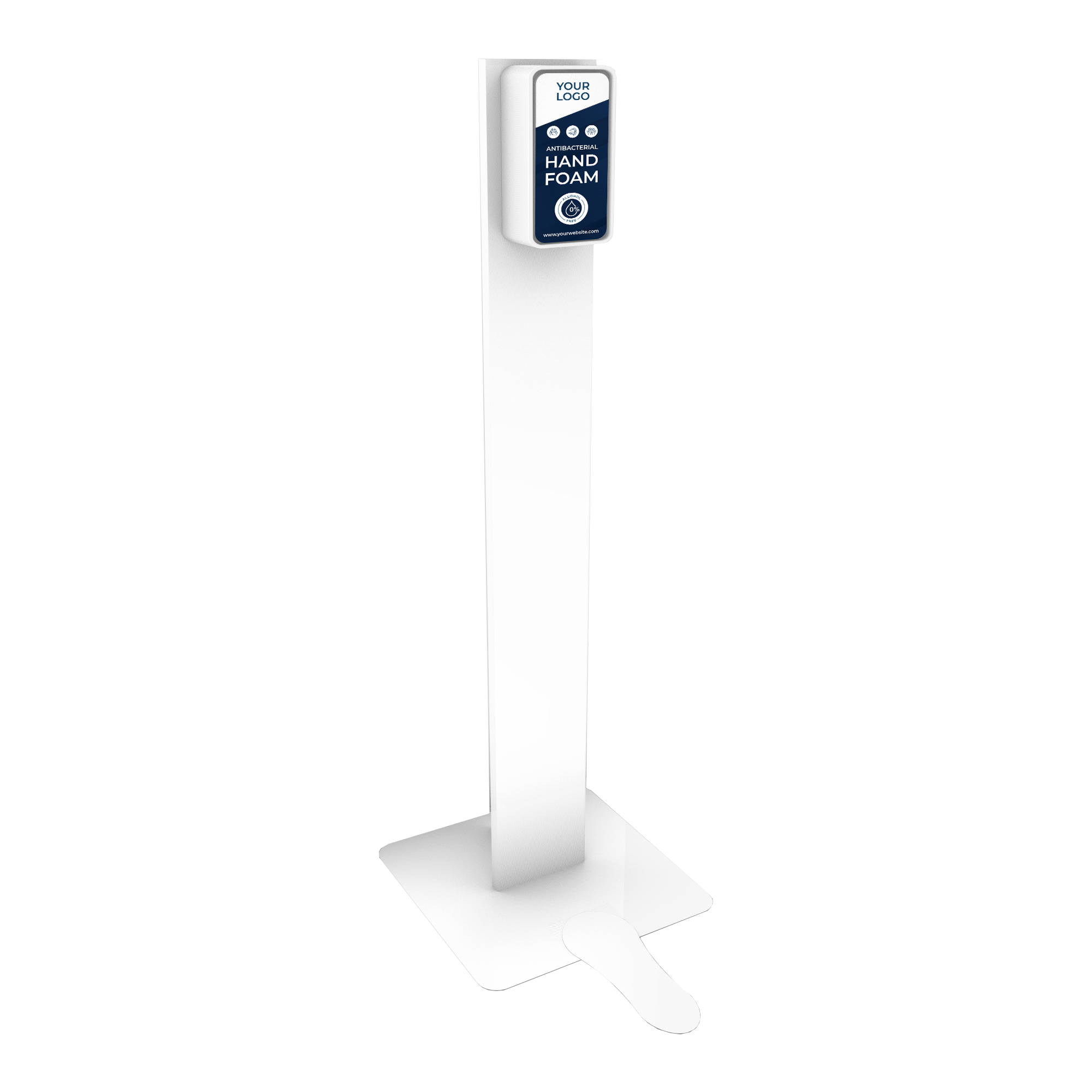 Billedet viser en sanify dispenser i blå og hvid, hvor der på fronten står "your logo", da kunden kan få den med eget print på fronten. Vægdispenseren står på en hvid gulvstander, så det er nemt at tilgå hånddesinfektion når man går forbi.