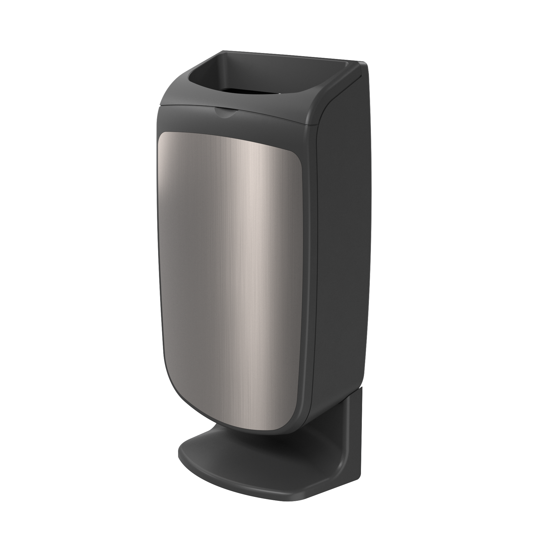 Produktbillede af mercury affaldsbeholder med 25 liters kapacitet i blank børstet stål. Den har rektangulær, let buet stålfront og sort plastik afløbskant øverst. Nederst ses en "plastikfod", som gør at den kan stå på gulvet op af væggen frit. Man kan øverst se åbningen hvor affaldet skal smides ned i. Billedet er taget fra fronten/siden.
