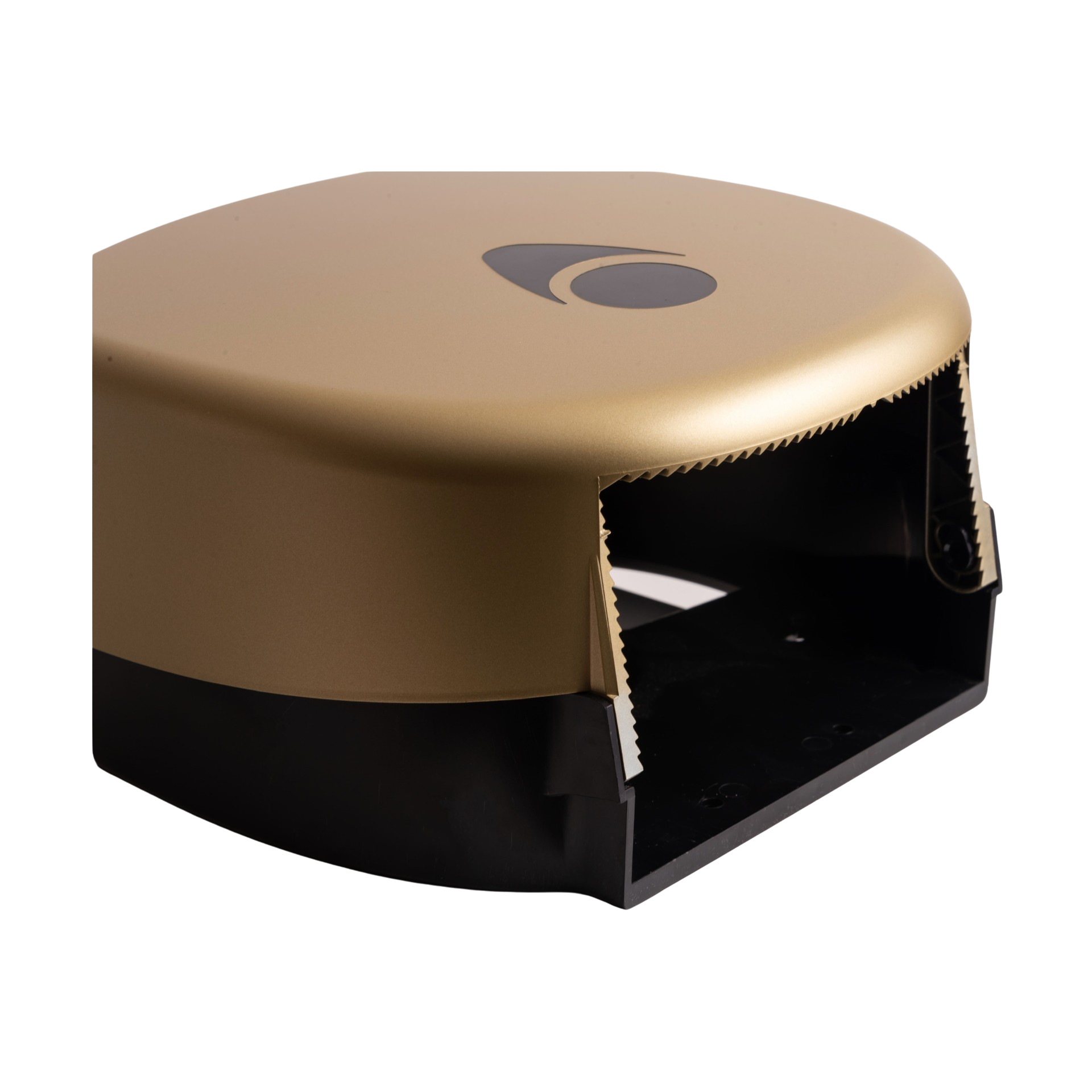 Produktbillede af myriad designer range papirdispenser til jumboruller i mat guld finish. Dispenseren er enkel med bløde hjørner og en skyggeeffekt, der fremhæver det matte udtryk. Billedet er taget af bunden og man kan derfor se åbningen på dispensere, hvor papiret kommer ud.