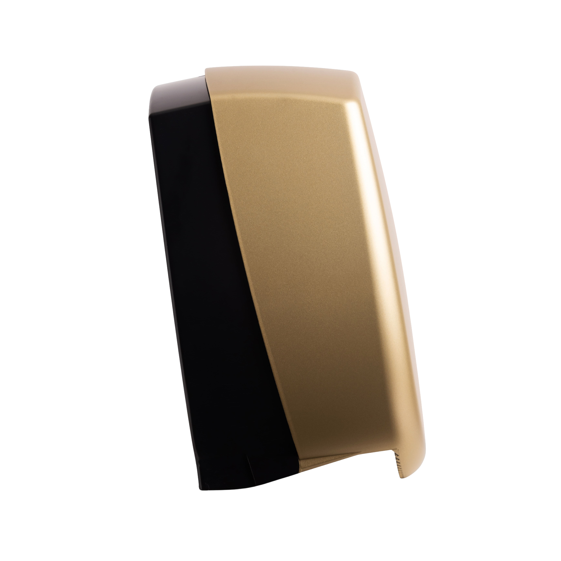 Produktbillede af myriad designer range papirdispenser til jumboruller i mat guld finish. Dispenseren er enkel med bløde hjørner og en skyggeeffekt, der fremhæver det matte udtryk. Billedet er taget af siden, så man kan se siden hvor den er tyndest.