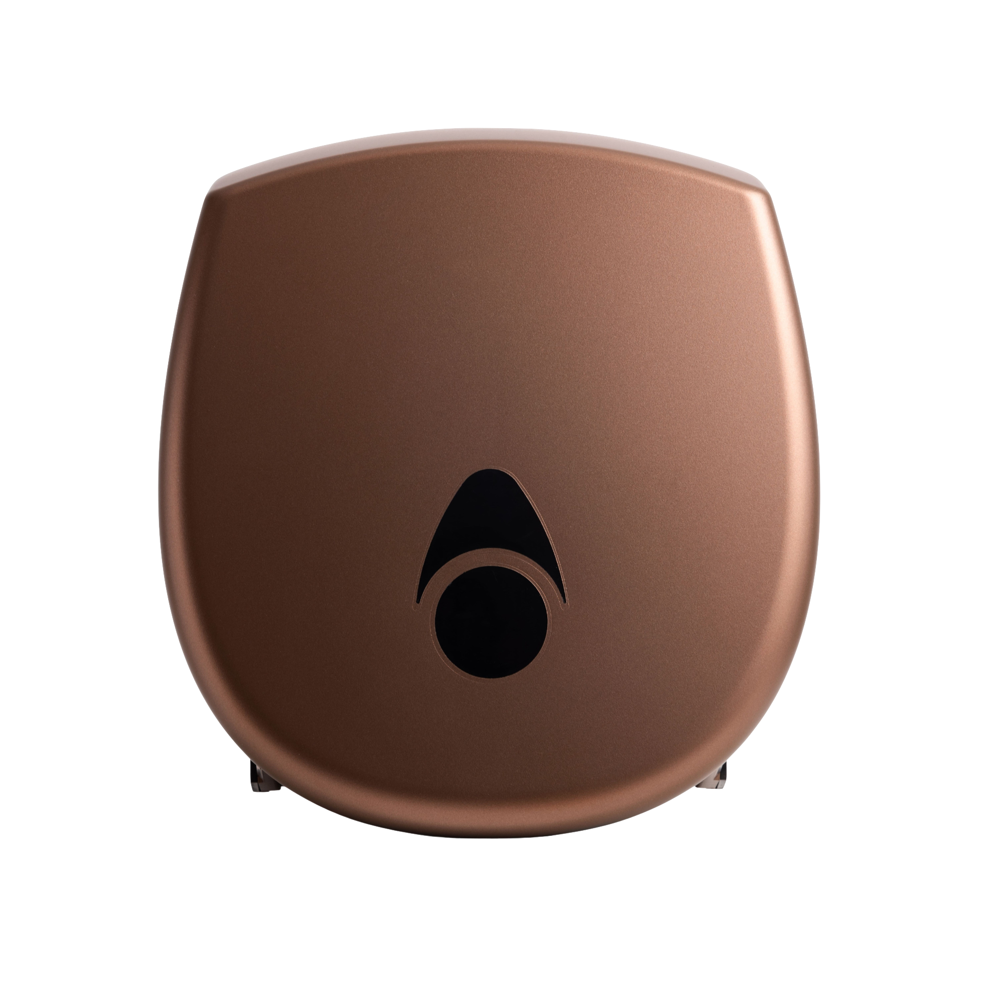Produktbillede af myriad designer range papirdispenser til jumboruller i mat kobber finish. Dispenseren er enkel med bløde hjørner og en skyggeeffekt, der fremhæver det matte udtryk. Billedet er taget fra fronten.