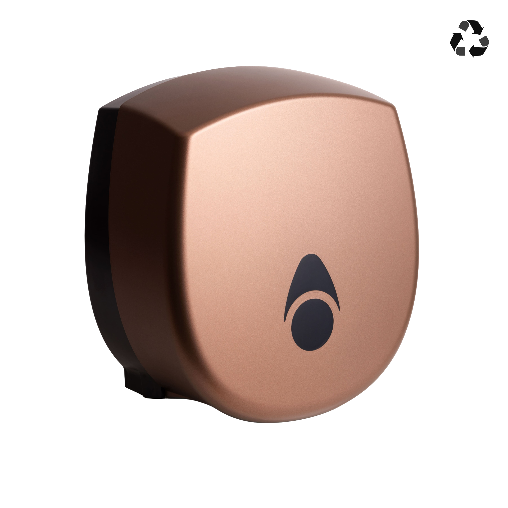 Produktbillede af myriad designer range papirdispenser til jumboruller i mat kobber finish. Dispenseren er enkel med bløde hjørner og en skyggeeffekt, der fremhæver det matte udtryk. Billedet er taget fra fronten/siden.