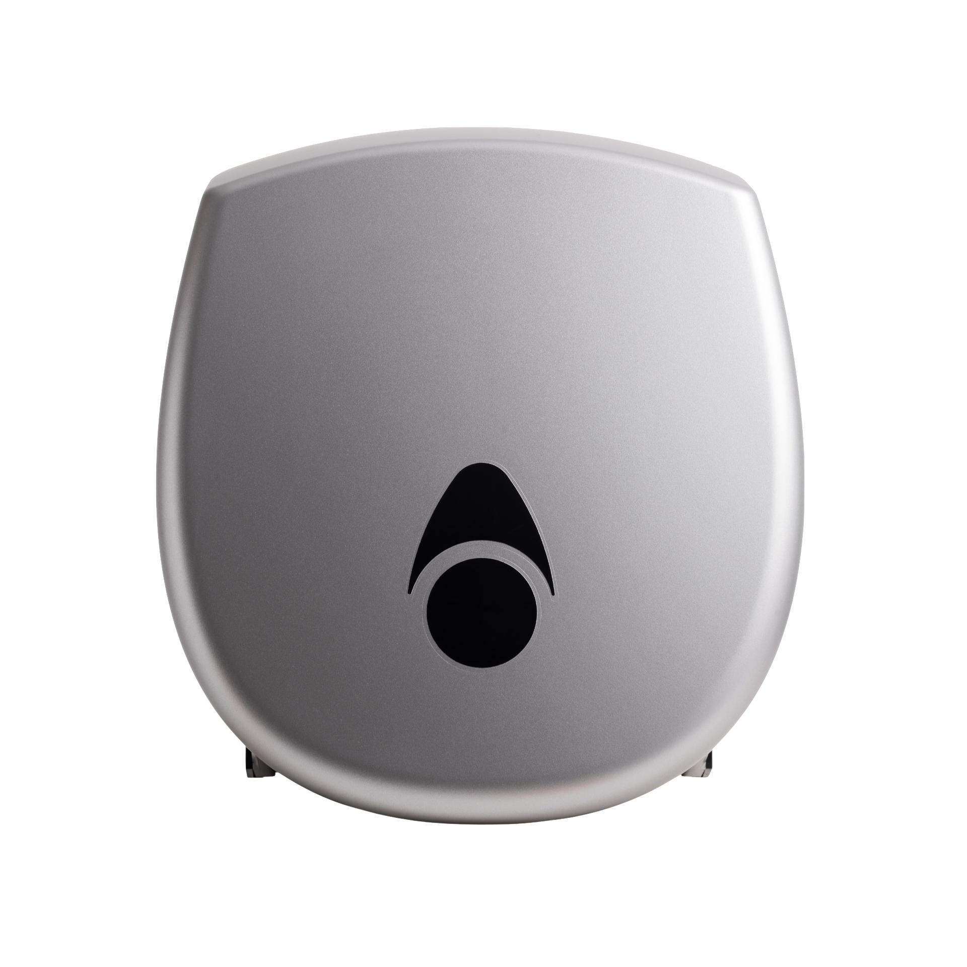 Produktbillede af myriad designer range papirdispenser til jumboruller i mat sølv finish. Dispenseren er enkel med bløde hjørner og en skyggeeffekt, der fremhæver det matte udtryk. Billedet er taget fra fronten.