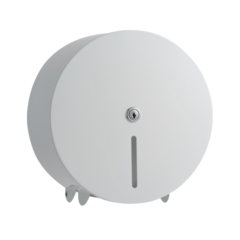 Billede af opal dispenser til små jumboruller i hvid. Dispenseren har en rund form.