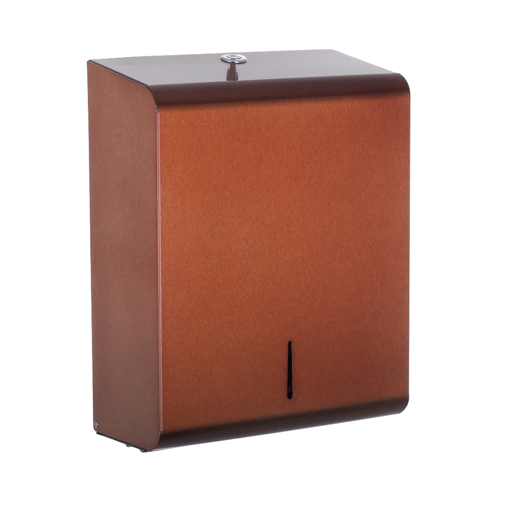 Produktbillede af opal papirdispenser til håndklædeark i bronze finish. Papirdispenseren er i stål og har et kvadratisk udtryk og bløde kanter. Billedet er taget fra fronten/siden.