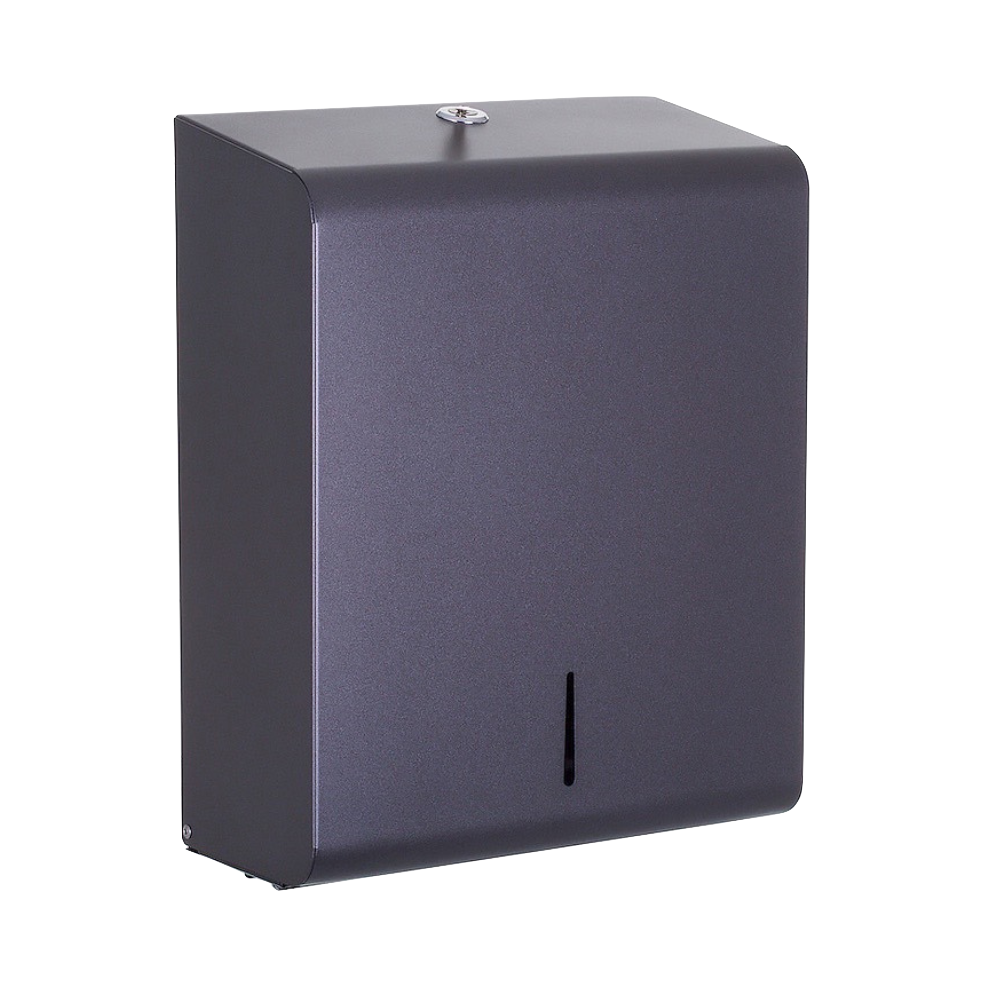 Produktbillede af opal papirdispenser til håndklædeark i grå finish. Papirdispenseren er i stål og har et kvadratisk udtryk og bløde kanter. Billedet er taget fra fronten/siden.