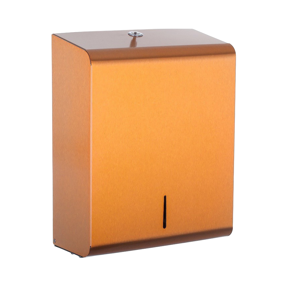 Produktbillede af opal papirdispenser til håndklædeark i kobber finish. Papirdispenseren er i stål og har et kvadratisk udtryk og bløde kanter. Billedet er taget fra fronten/siden.