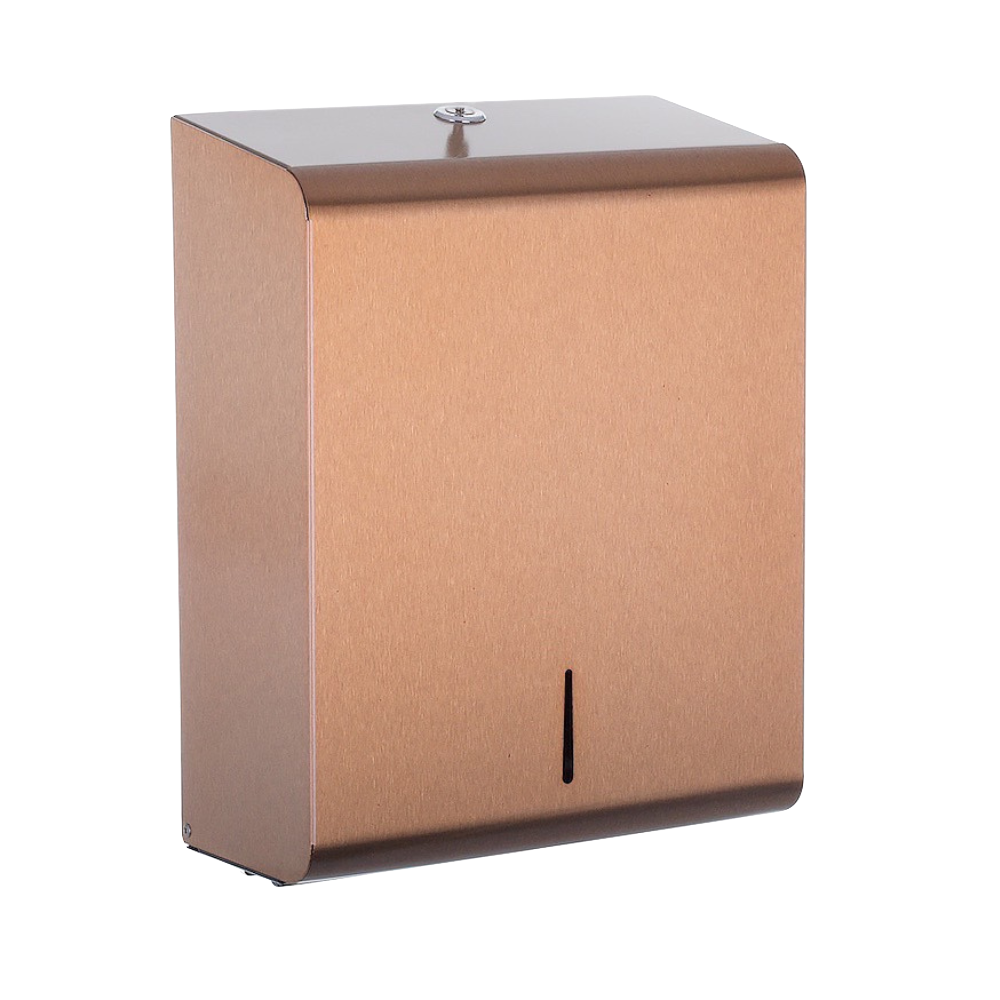 Produktbillede af opal papirdispenser til håndklædeark i lys bronze finish. Papirdispenseren er i stål og har et kvadratisk udtryk og bløde kanter. Billedet er taget fra fronten/siden.