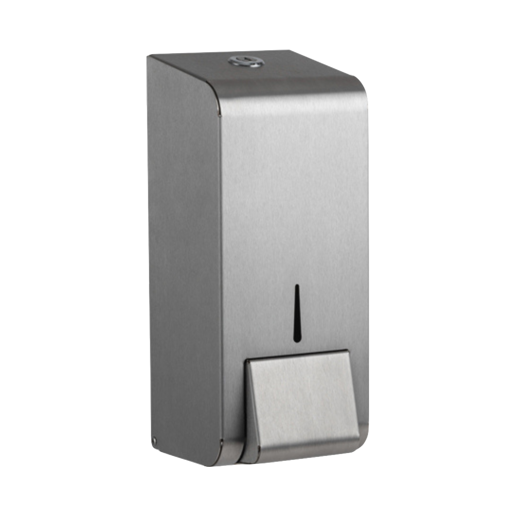 Produktbillede af opal sæbedispenser i børstet stål finish. Sæbedispenseren er i stål og har et rektangulært udtryk og bløde kanter. I bunden af dispenseren går den ud, da det er her man skal trykke for at sæben kommer ud. Billedet er taget fra fronten/siden.