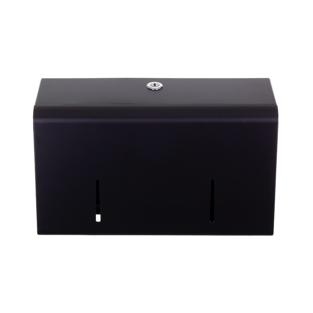 Produktbillede af opal papirdispenser til toiletruller eller mini jumboruller i sort finish. Dispenseren er i stål og er enkel med bløde kanter. Billedet er taget fra fronten.