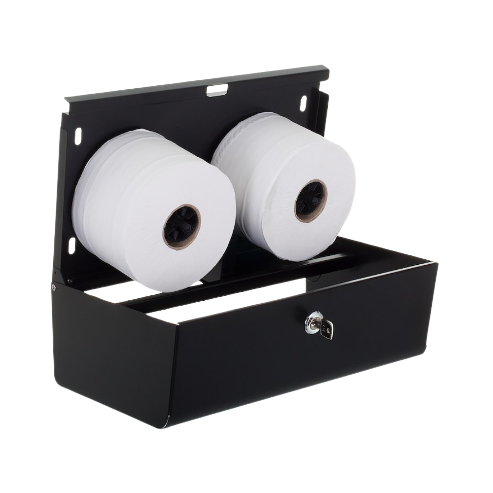 Produktbillede af opal papirdispenser til toiletruller eller mini jumboruller i sort finish. Dispenseren er i stål og er enkel med bløde kanter. Billedet er taget fra fronten/siden, hvor den er åbnet, så man kan se 2 mini jumboruller der sidder i dispenseren.