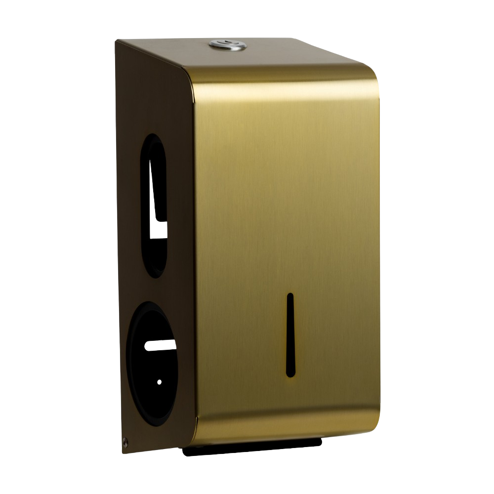 Produktbillede af opal papirdispenser til toiletruller i guld finish. Dispenseren er i stål og er enkel med bløde kanter. Billedet er taget fra fronten/siden.