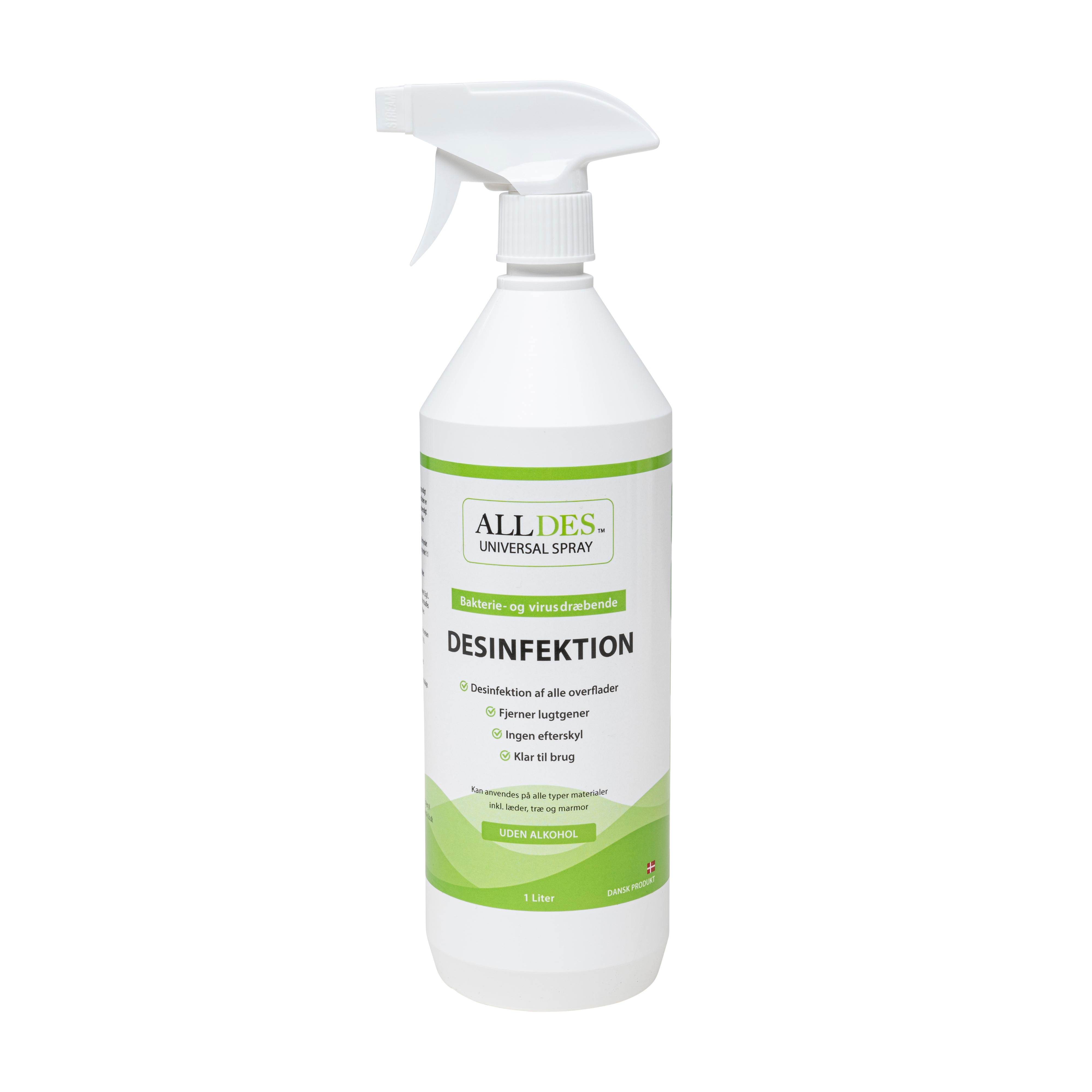 Hvid ALLDES 1l plastflaske med spraydyse. På flasken ses en grøn-hvid etiket med teksten “ALLDES UNIVERSAL SPRAY" og "DESINFEKTION" og grønne grafiske ikoner. 

