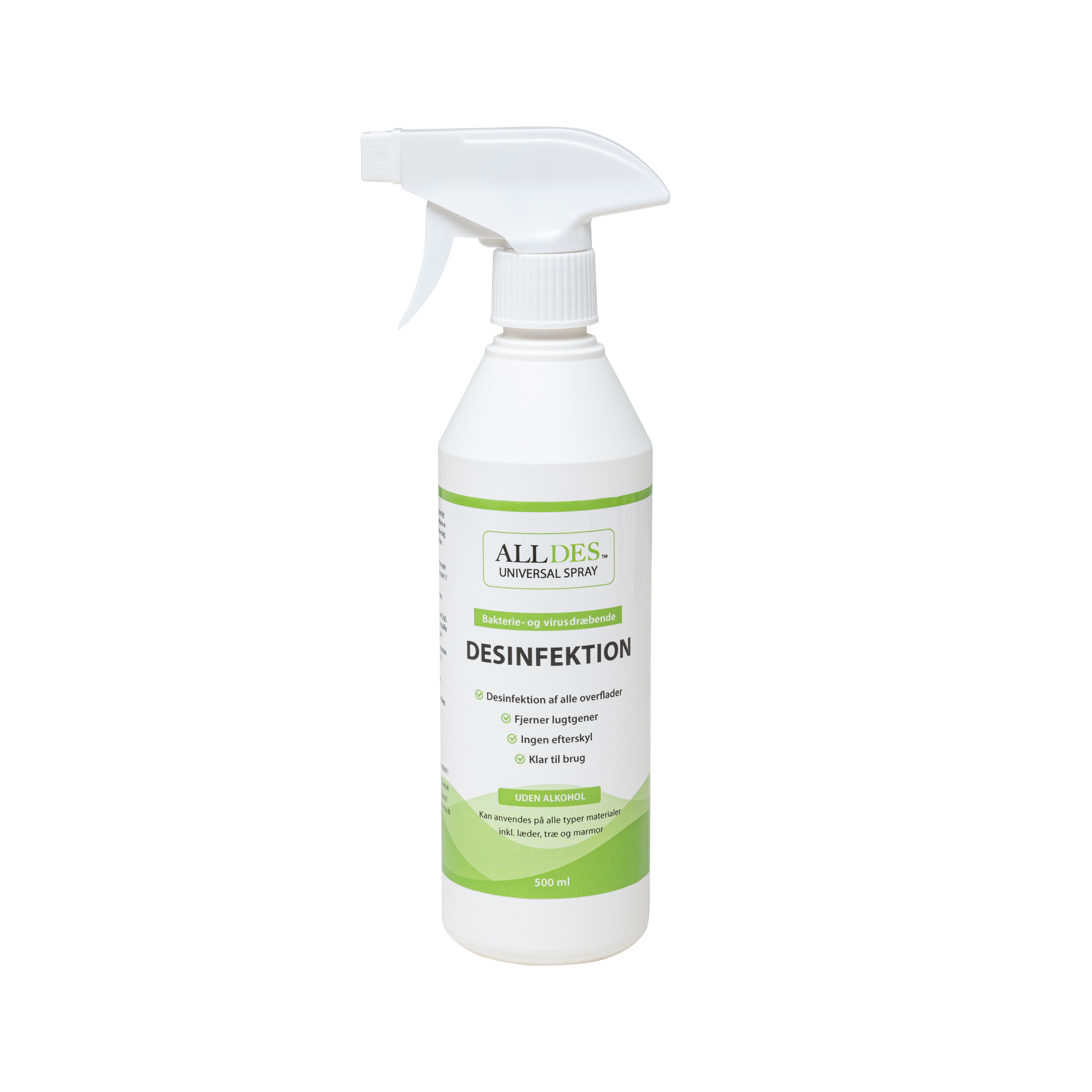 Hvid ALLDES 500ml plastflaske med spraydyse. På flasken ses en grøn-hvid etiket med teksten “ALLDES UNIVERSAL SPRAY" og "DESINFEKTION" og grønne grafiske ikoner. 
