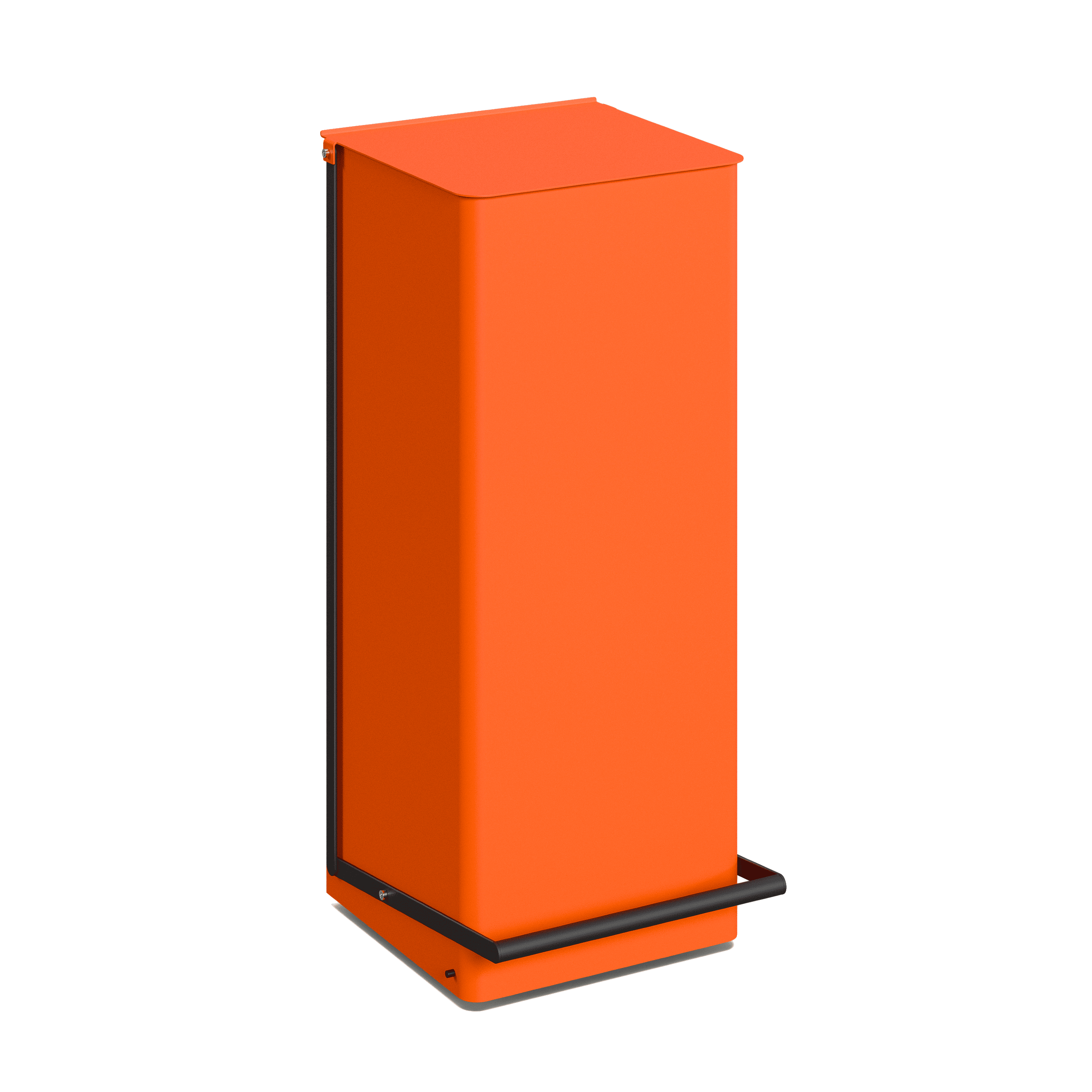 Produktbillede af en større affaldsbeholder i et rektangulært design. Affaldsbeholderen har et låg, og nederst ses en fodpedal. Denne er i nuancen orange