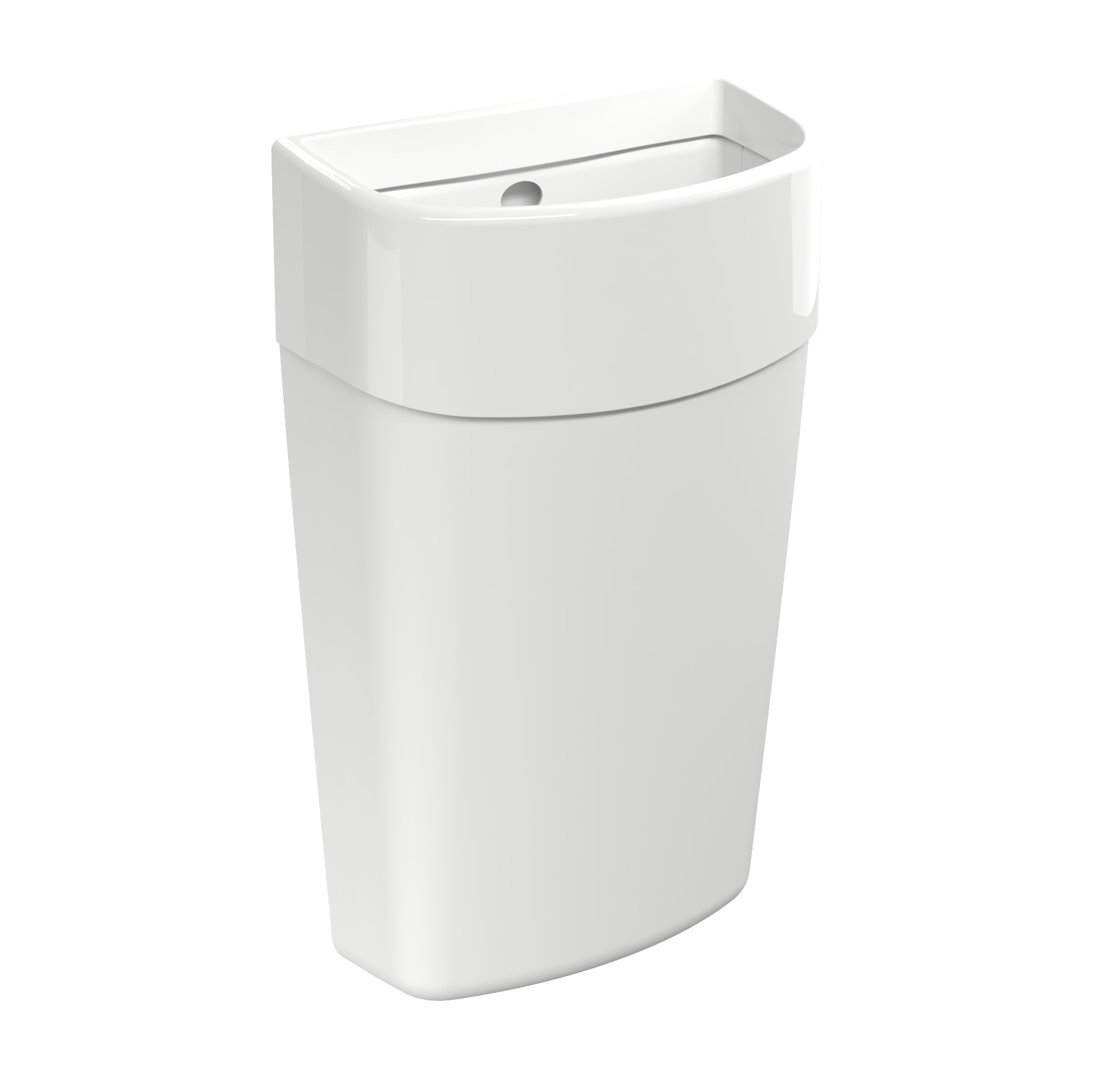 Produktbillede af myriad affaldsbeholder med ramme i hvid. Affaldsbeholderen er i plastik og har et blankt udtryk. Øverst kan man se åbningen hvor affaldet smides i. Billedet er taget fra fronten/siden.