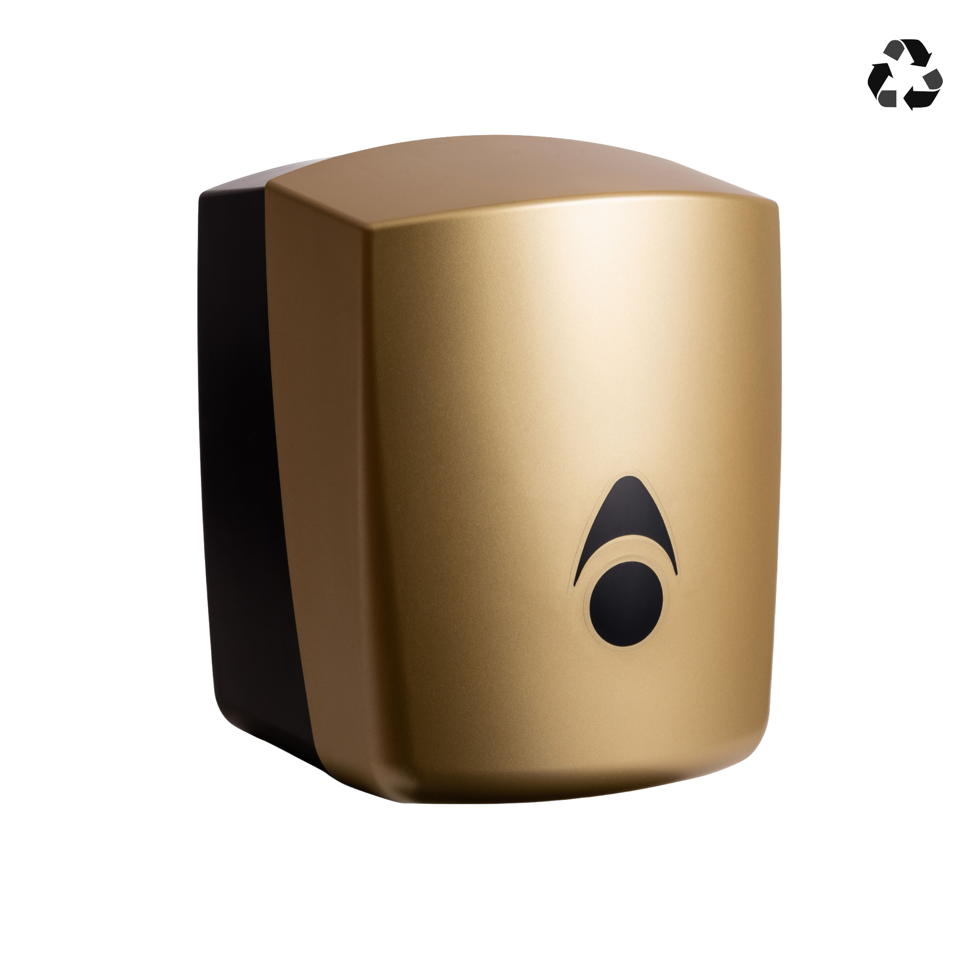 Produktbillede af myriad designer range centertræk dispenser i mat guld. På billedet kan man se hele centertræk dispenseren fra fronten/siden. 