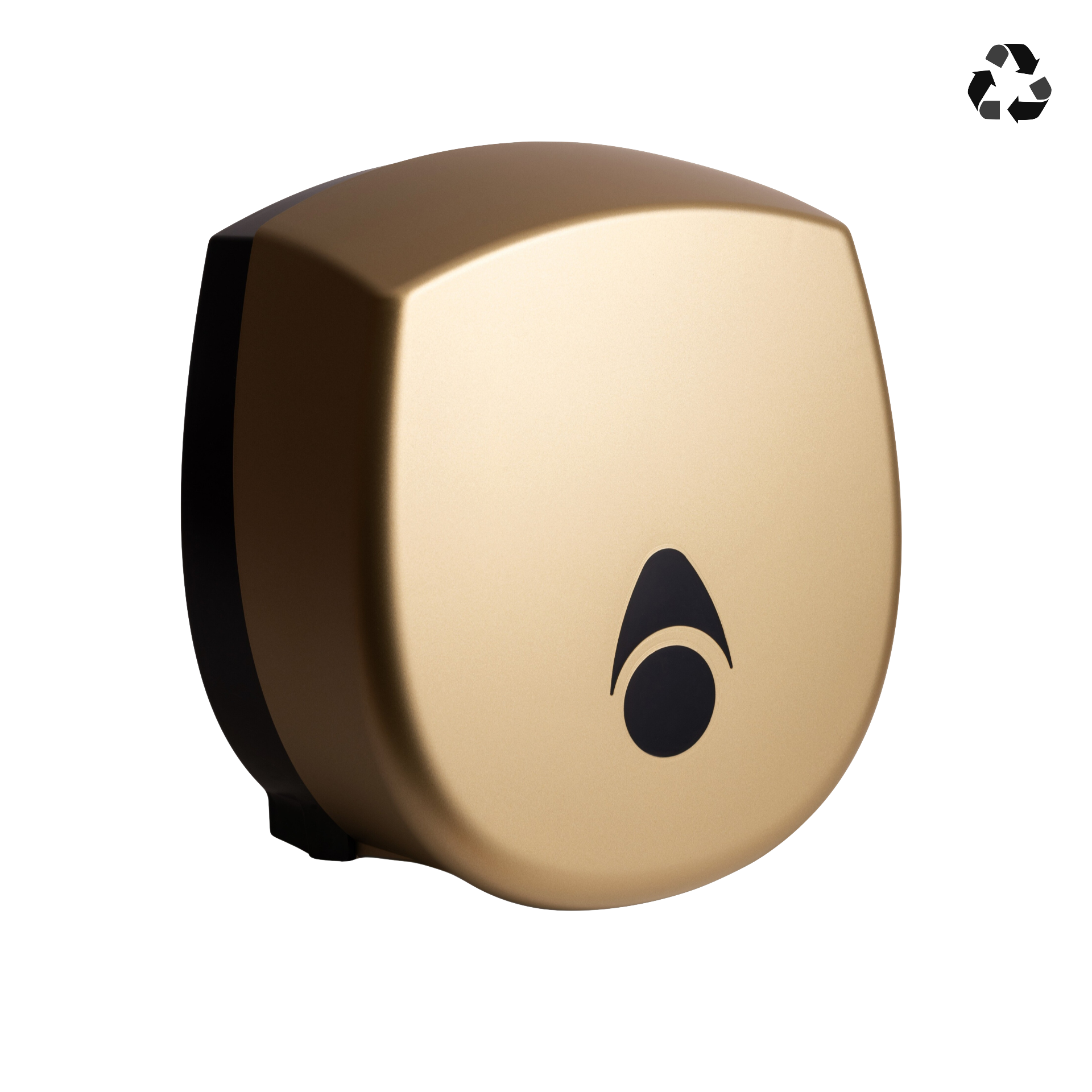 Produktbillede af myriad designer range papirdispenser til jumboruller i mat guld finish. Dispenseren er enkel med bløde hjørner og en skyggeeffekt, der fremhæver det matte udtryk. Billedet er taget fra fronten/siden.