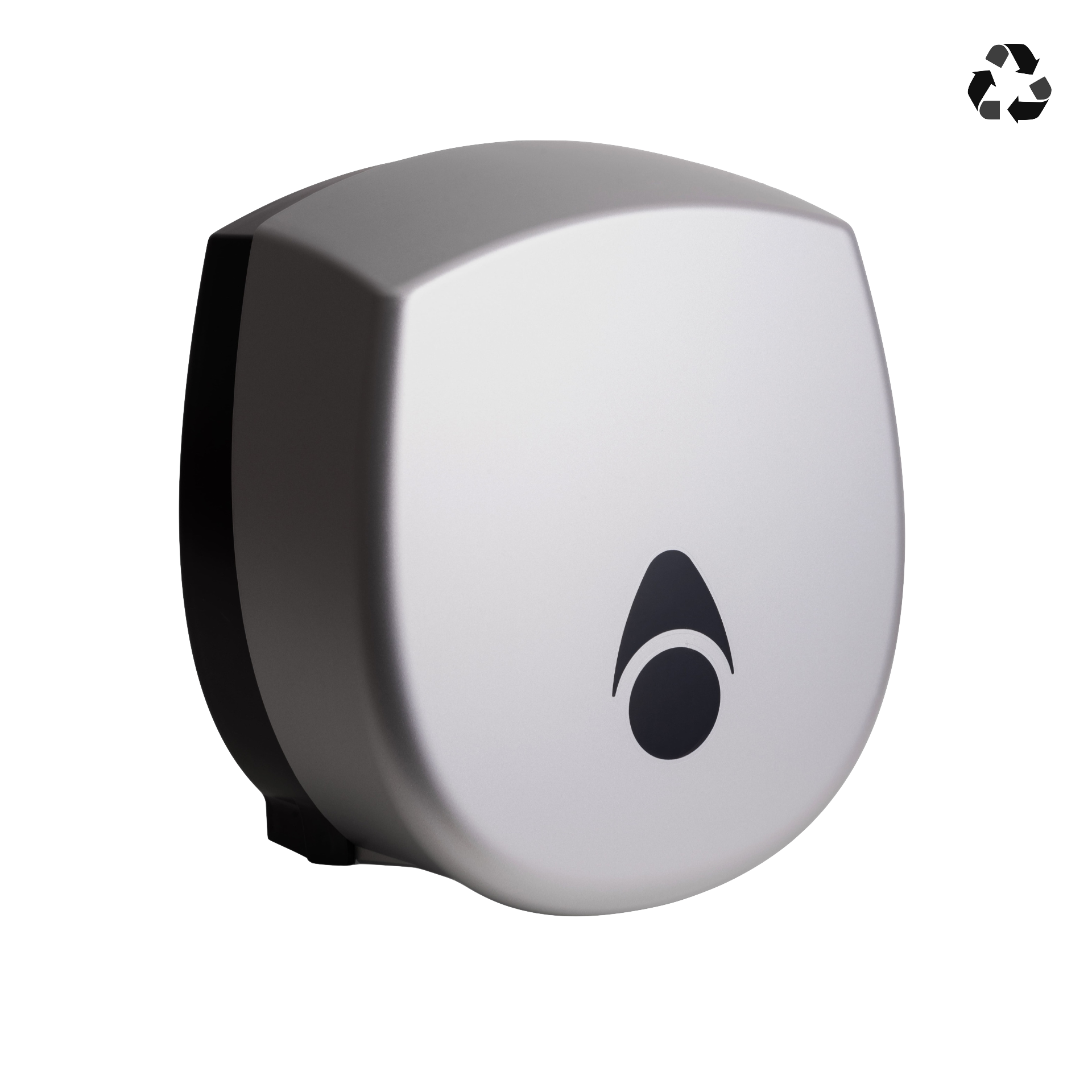 Produktbillede af myriad designer range papirdispenser til jumboruller i mat sølv finish. Dispenseren er enkel med bløde hjørner og en skyggeeffekt, der fremhæver det matte udtryk. Billedet er taget fra fronten/siden.