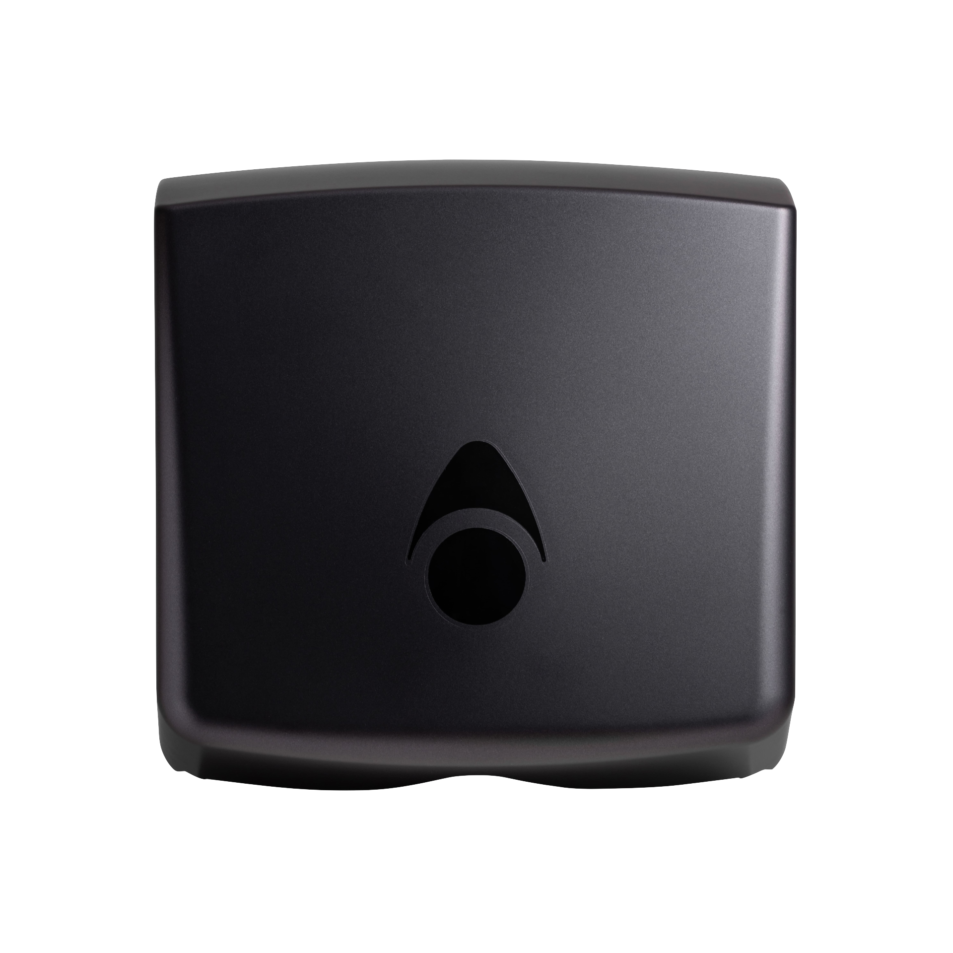 Produktbillede af myriad designer range papirdispenser til håndklædeark i mat grå finish. Dispenseren er enkel med bløde hjørner og en skyggeeffekt, der fremhæver det matte udtryk. Billedet er taget fra fronten. 