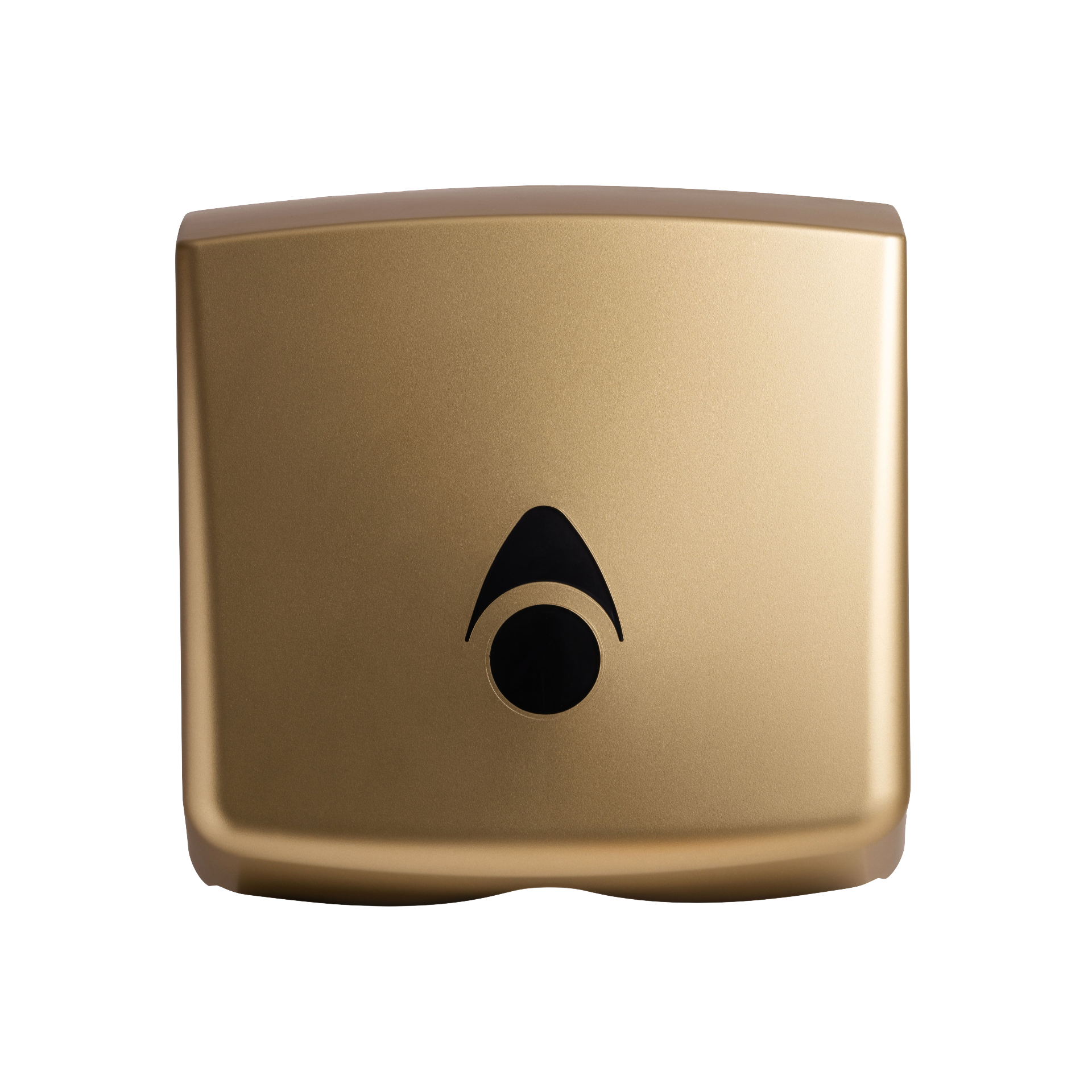 Produktbillede af myriad designer range papirdispenser til håndklædeark i mat guld finish. Dispenseren er enkel med bløde hjørner og en skyggeeffekt, der fremhæver det matte udtryk. Billedet er taget fra fronten. 