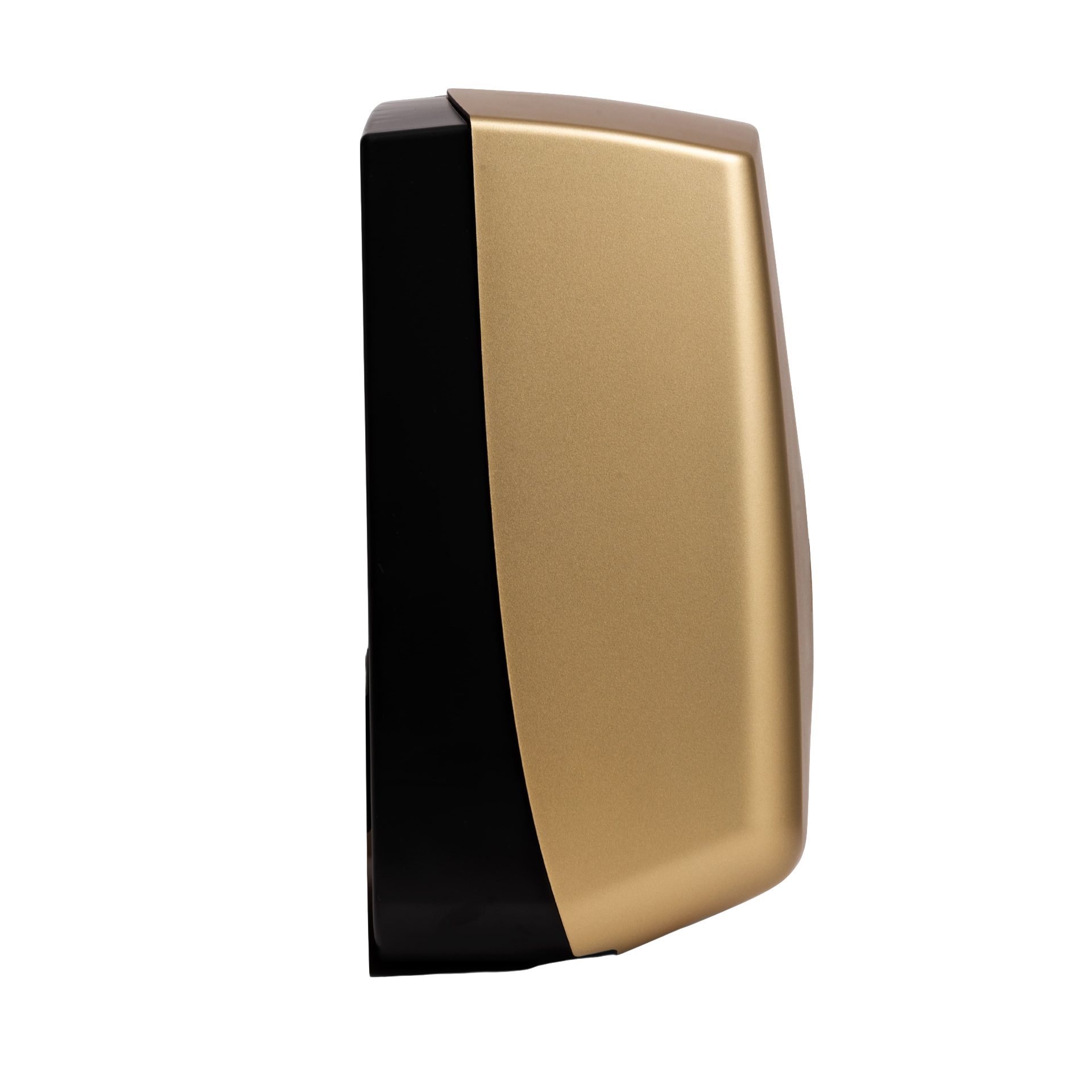 Produktbillede af myriad designer range papirdispenser til håndklædeark i mat guld finish. Dispenseren er enkel med bløde hjørner og en skyggeeffekt, der fremhæver det matte udtryk. Billedet er taget af siden, så man kan se siden hvor den er tyndest. 