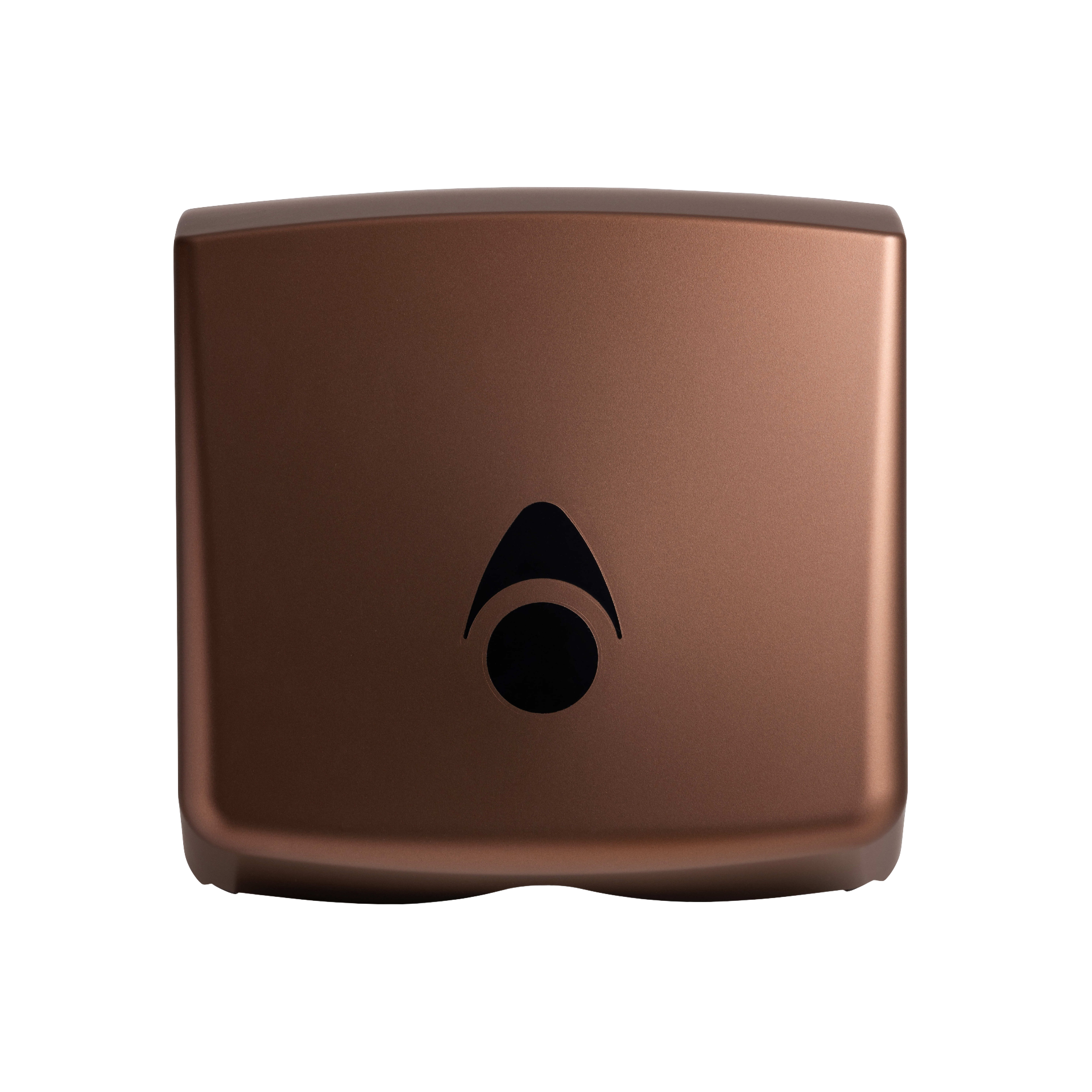 Produktbillede af myriad designer range papirdispenser til håndklædeark i mat x finish. Dispenseren er enkel med bløde hjørner og en skyggeeffekt, der fremhæver det matte udtryk. Billedet er taget fra fronten. 
