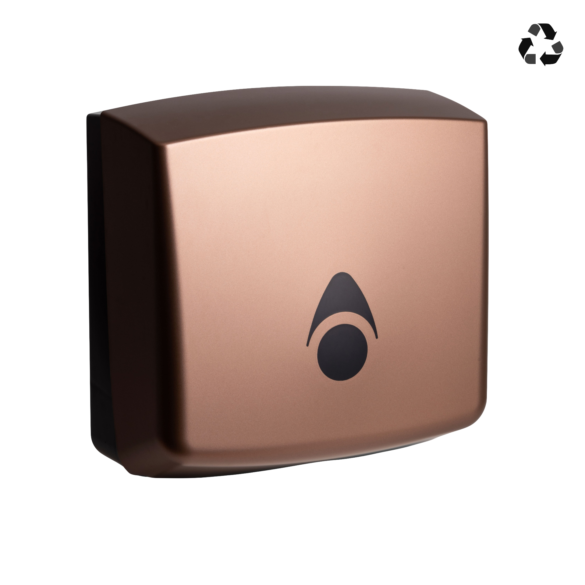 Produktbillede af myriad designer range papirdispenser til håndklædeark i mat kobber finish. Dispenseren er enkel med bløde hjørner og en skyggeeffekt, der fremhæver det matte udtryk. Billedet er taget fra fronten/siden.
