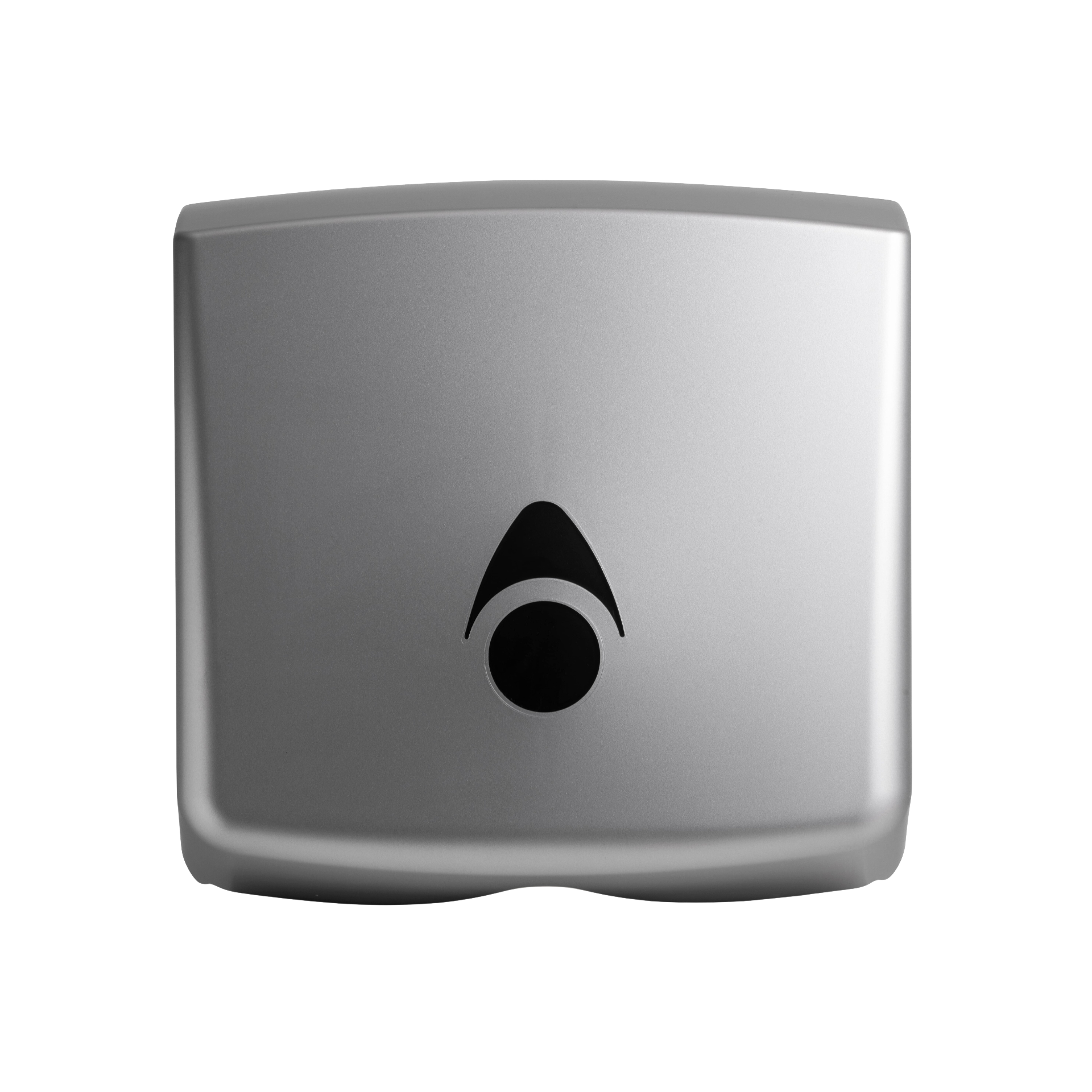 Produktbillede af myriad designer range papirdispenser til håndklædeark i mat sølv finish. Dispenseren er enkel med bløde hjørner og en skyggeeffekt, der fremhæver det matte udtryk. Billedet er taget fra fronten. 