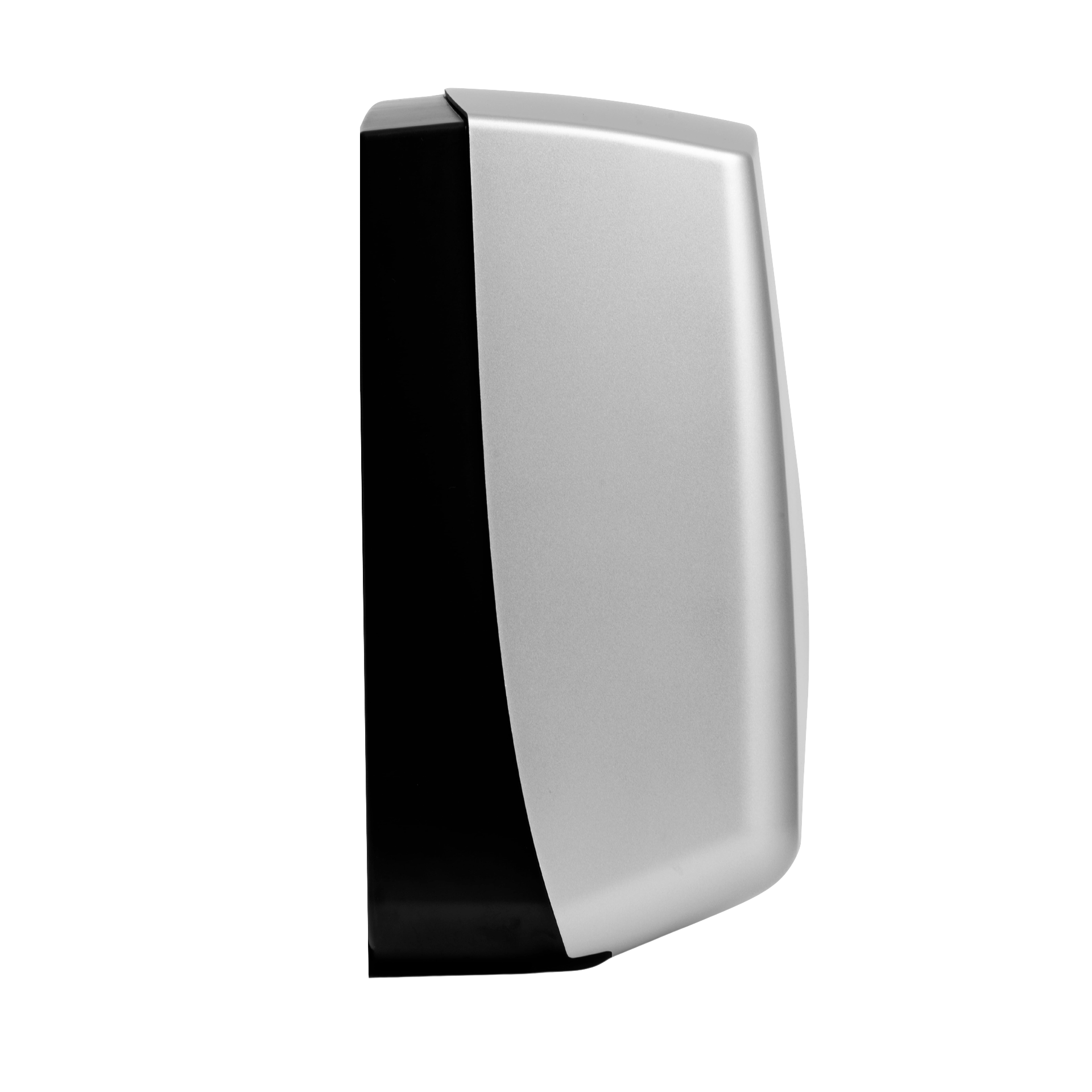Produktbillede af myriad designer range papirdispenser til håndklædeark i mat sølv finish. Dispenseren er enkel med bløde hjørner og en skyggeeffekt, der fremhæver det matte udtryk. Billedet er taget af siden, så man kan se siden hvor den er tyndest. 