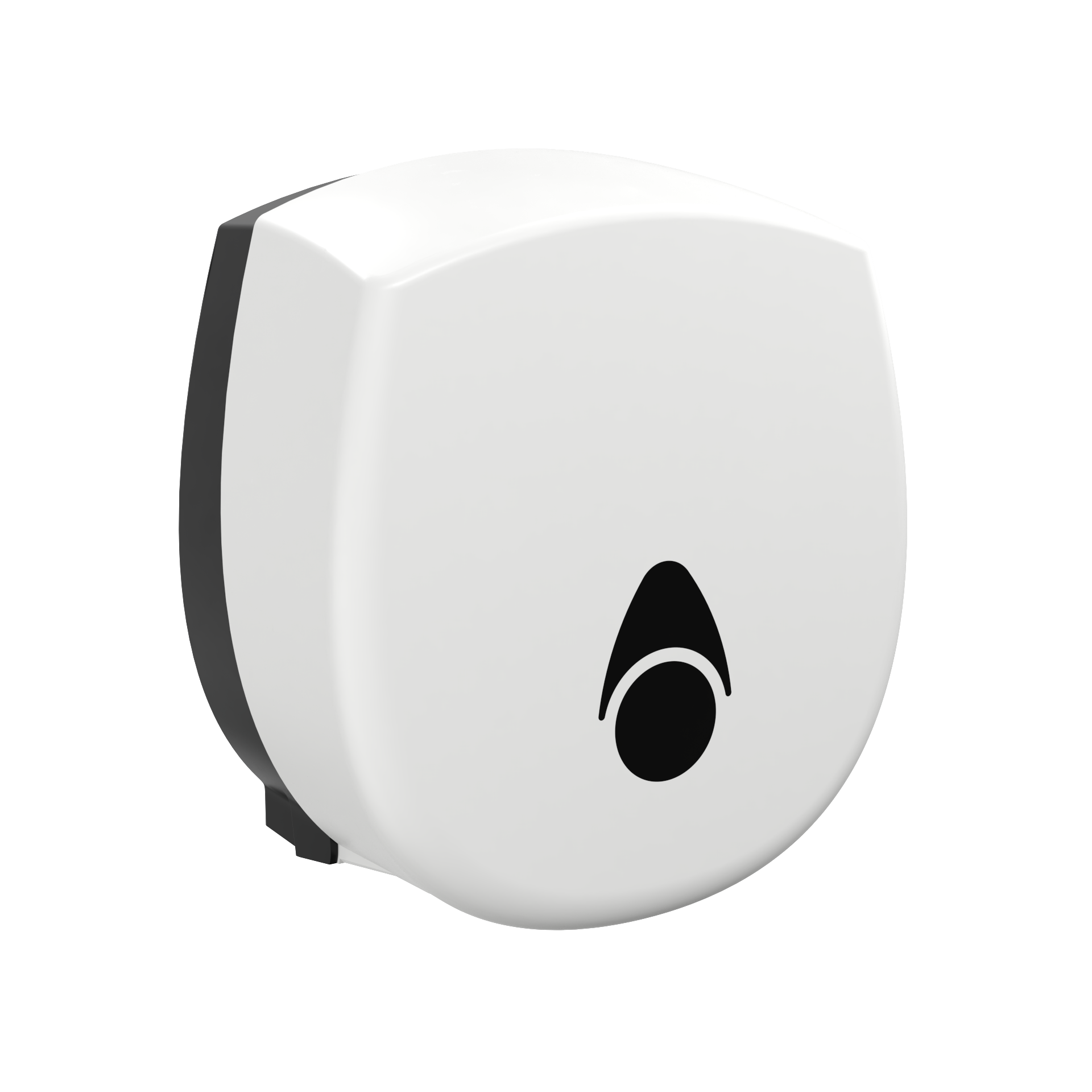 Produktbillede af myriad papirdispenser til jumboruller i hvid. Dispenseren er enkel med bløde hjørner og en blank effekt, der fremhæves igennem skyggerne. Billedet er taget fra fronten/siden.
