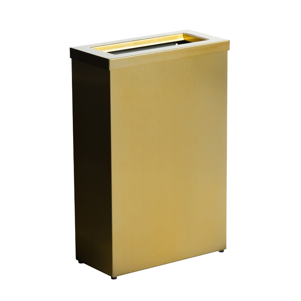 Produktbillede af 50l opal affaldsbeholder med ramme i guld. Affaldsbeholderen er i stål og har et rektangulært udtryk. Øverst kan man se åbningen hvor affaldet smides i. Billedet er taget fra fronten/siden.