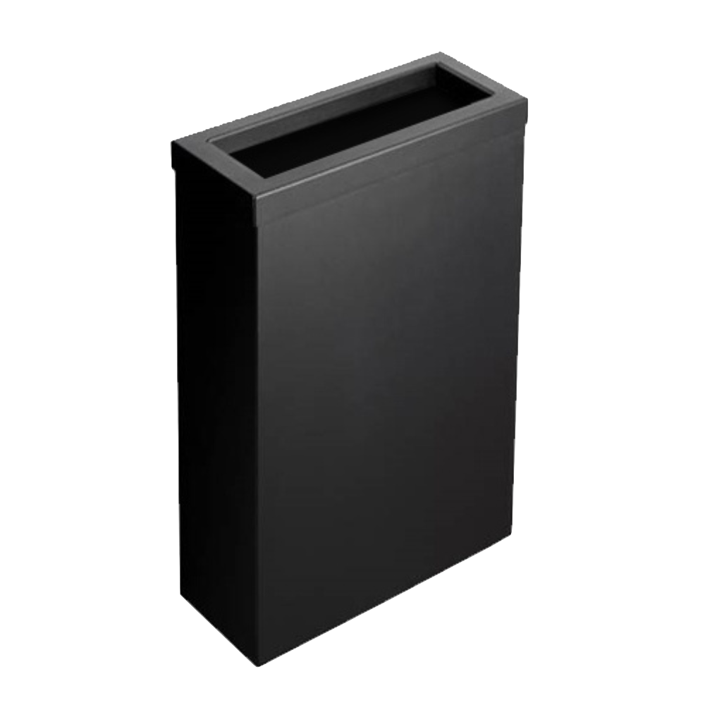 Produktbillede af 50l opal affaldsbeholder med ramme i sort. Affaldsbeholderen er i stål og har et rektangulært udtryk. Øverst kan man se åbningen hvor affaldet smides i. Billedet er taget fra fronten/siden.