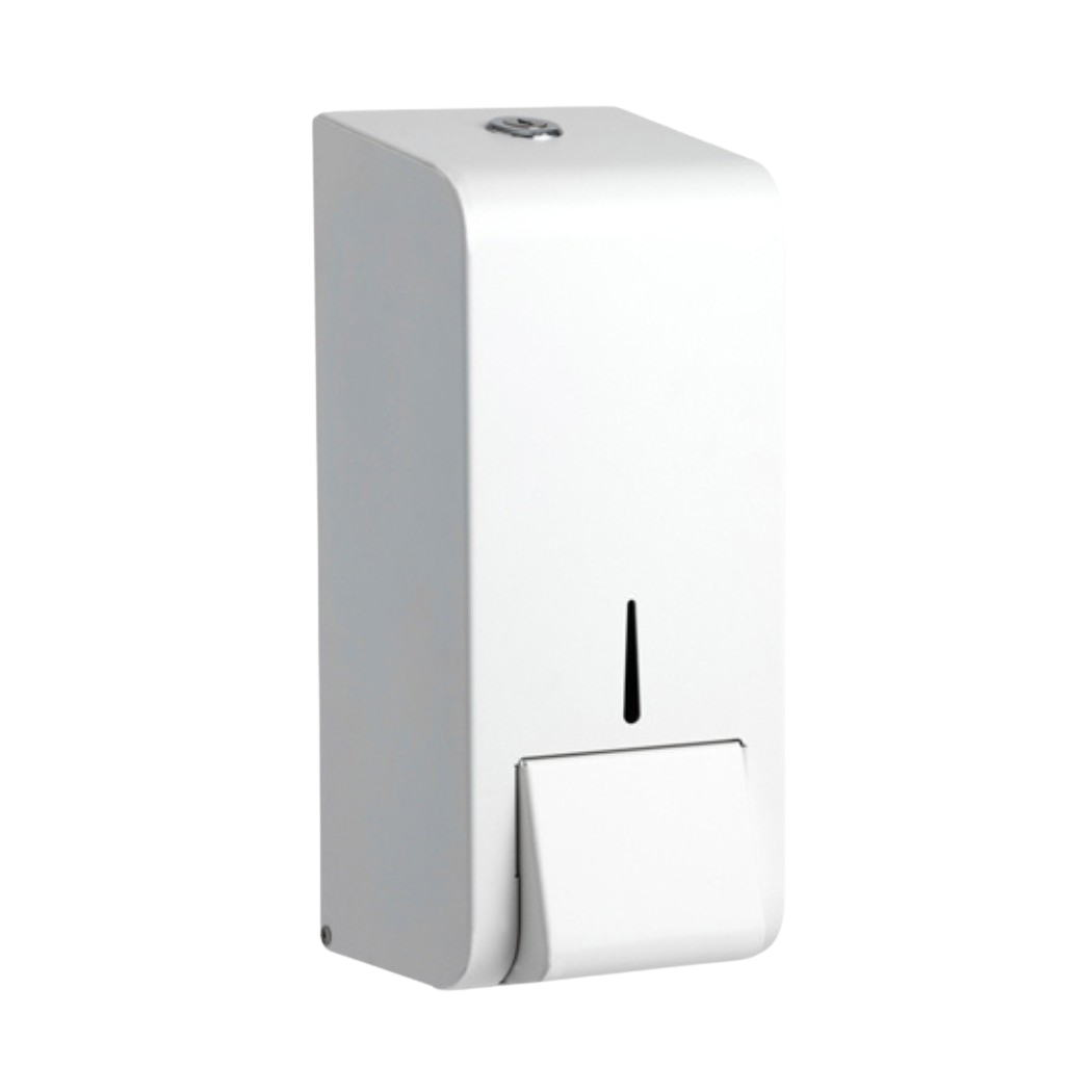 Produktbillede af opal sæbedispenser i hvid finish. Sæbedispenseren er i stål og har et rektangulært udtryk og bløde kanter. I bunden af dispenseren går den ud, da det er her man skal trykke for at sæben kommer ud. Billedet er taget fra fronten/siden.