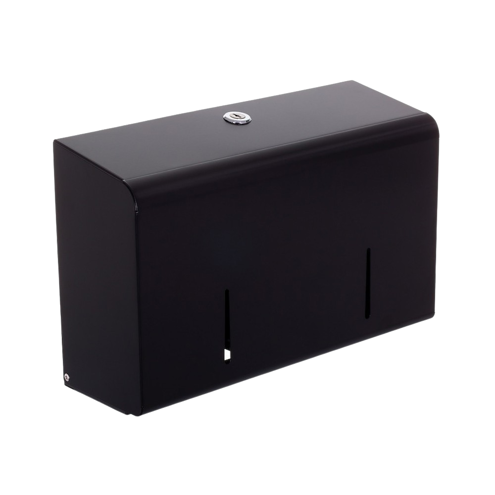 Produktbillede af opal papirdispenser til toiletruller eller mini jumboruller i sort finish. Dispenseren er i stål og er enkel med bløde kanter. Billedet er taget fra fronten. 