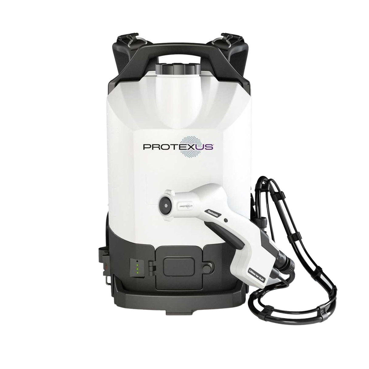 Produktbillede af hvid Protexus elektrostatisk sprayer monteret som rygsæk: slank rektangulær beholder med sort bund, koblet til pistolgreb med slange – sat mod ren hvid baggrund. Billedet er taget fra fronten. 