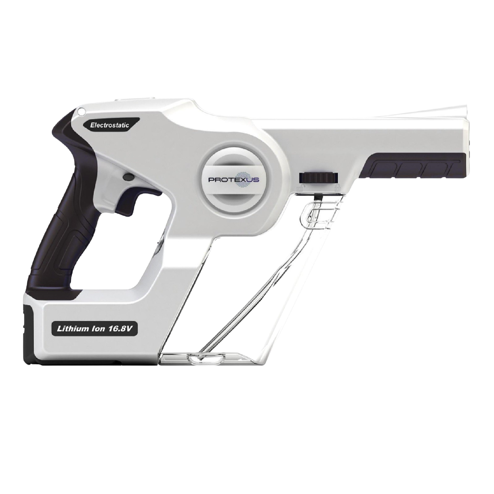 Produktbillede af hvid, pistolformet Protexus håndholdt elektrostatisk sprayer med ergonomisk sort greb, integreret væskebeholder og dyse mod hvid baggrund. Billedet er taget fra siden. 