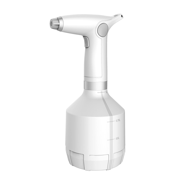 Produktbillede af hvid elektrisk safesprayer adjust med pistolformet håndtag, integreret flaske og justerbar sprøjtedyse, der viser en kompakt og ergonomisk konstruktion mod hvid baggrund.