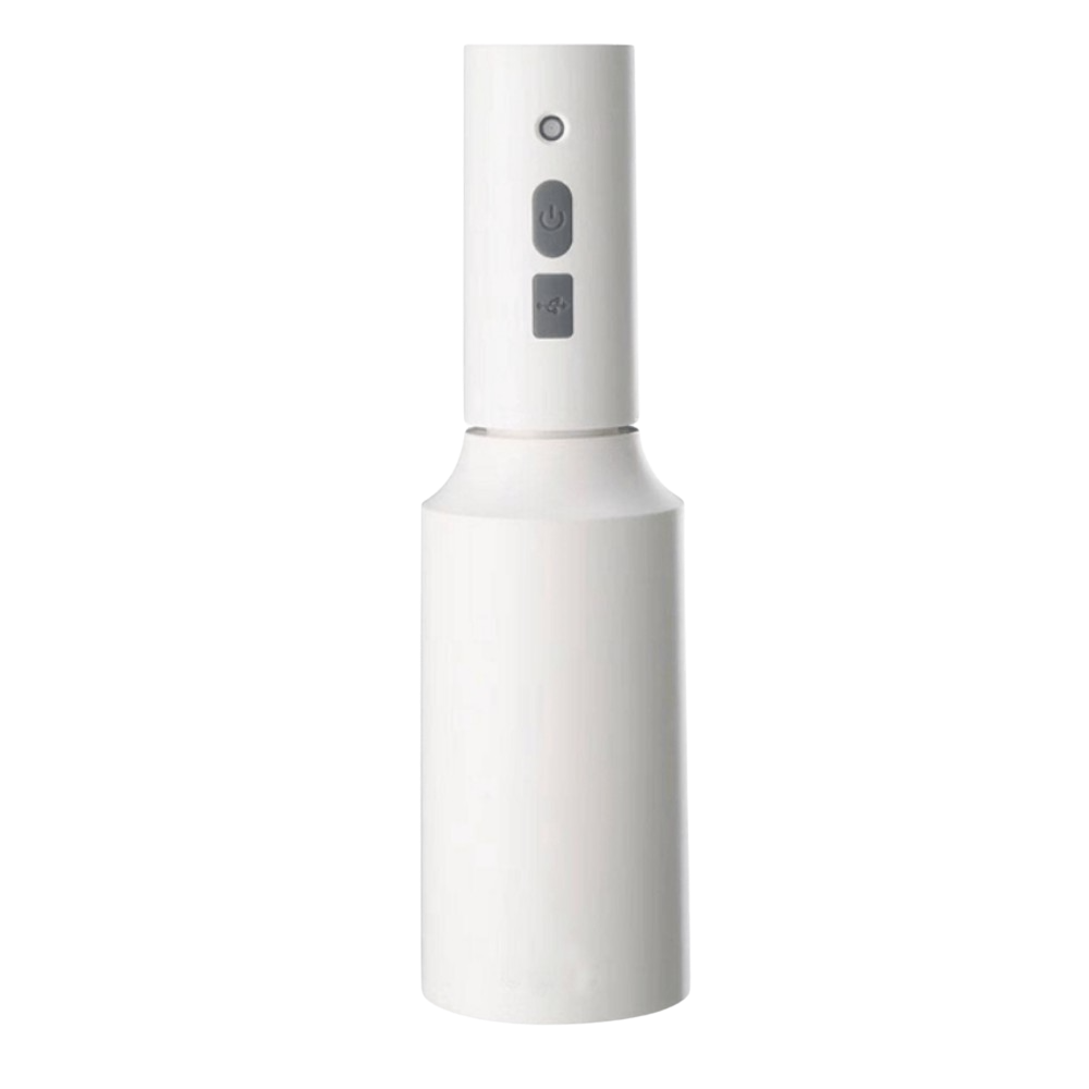 Produktbillede af hvid safesprayer med integreret væskebeholder og sprøjtedyse, med ergonomisk greb og tænd/sluk-knap, vist mod hvid baggrund